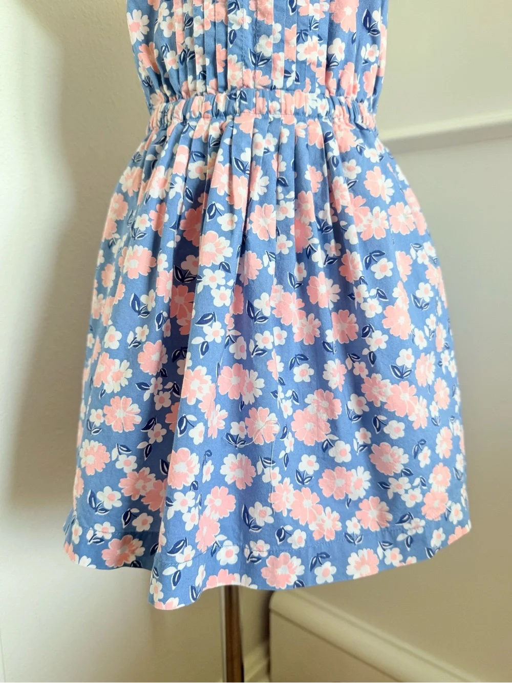 Mini Boden Girls 3-4Y Blue Pink Floral Dress Pleated Cotton Spring Easter